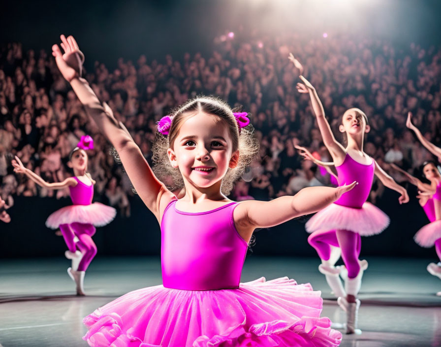 Young girl in pink tutu performs ballet on stage with blurred dancers in background