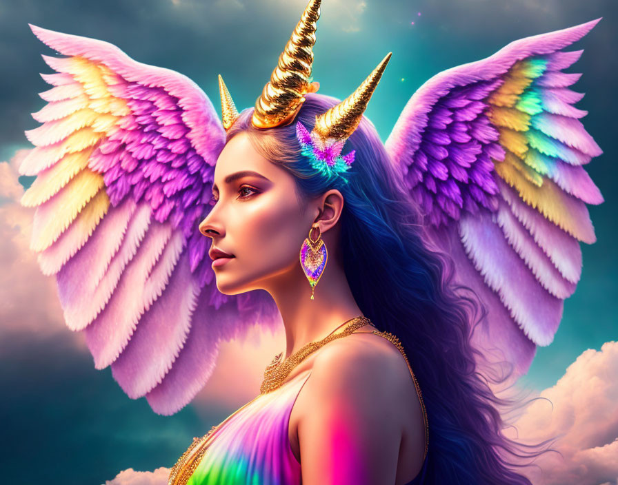 Colorful unicorn horn woman with radiant wings and vibrant hair in sky backdrop