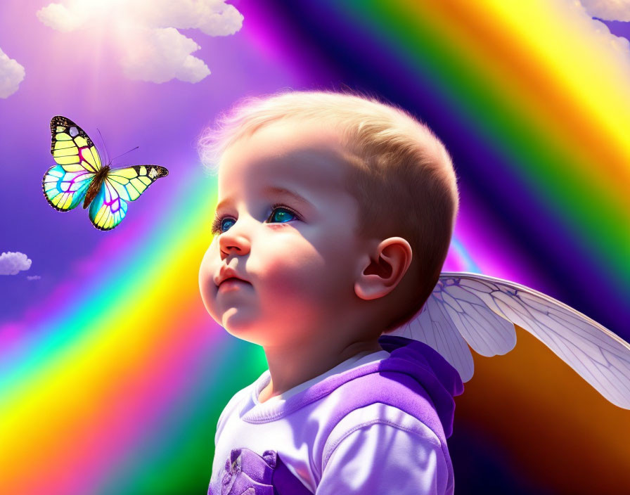 Toddler with angel wings admires butterfly under vibrant rainbow