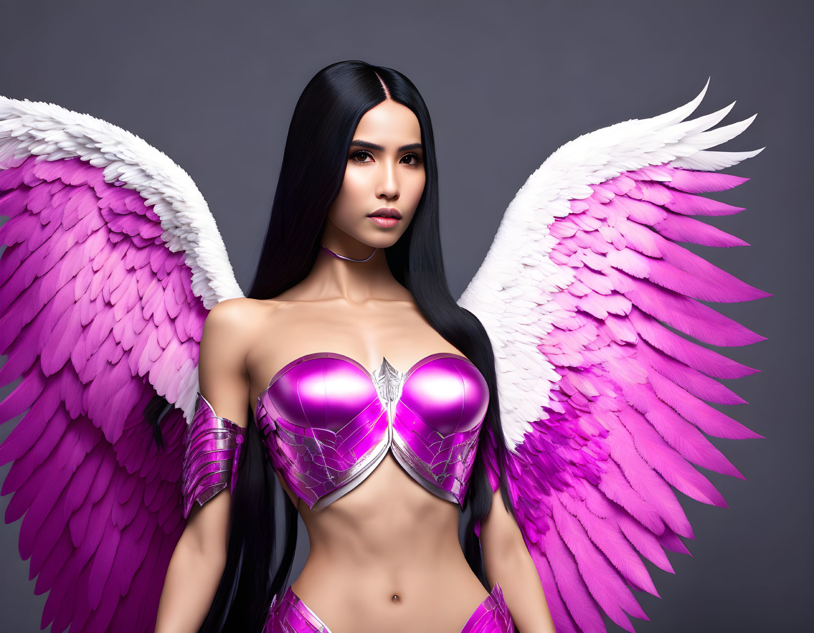 Long-haired woman in futuristic armor with purple angel wings - fantasy concept