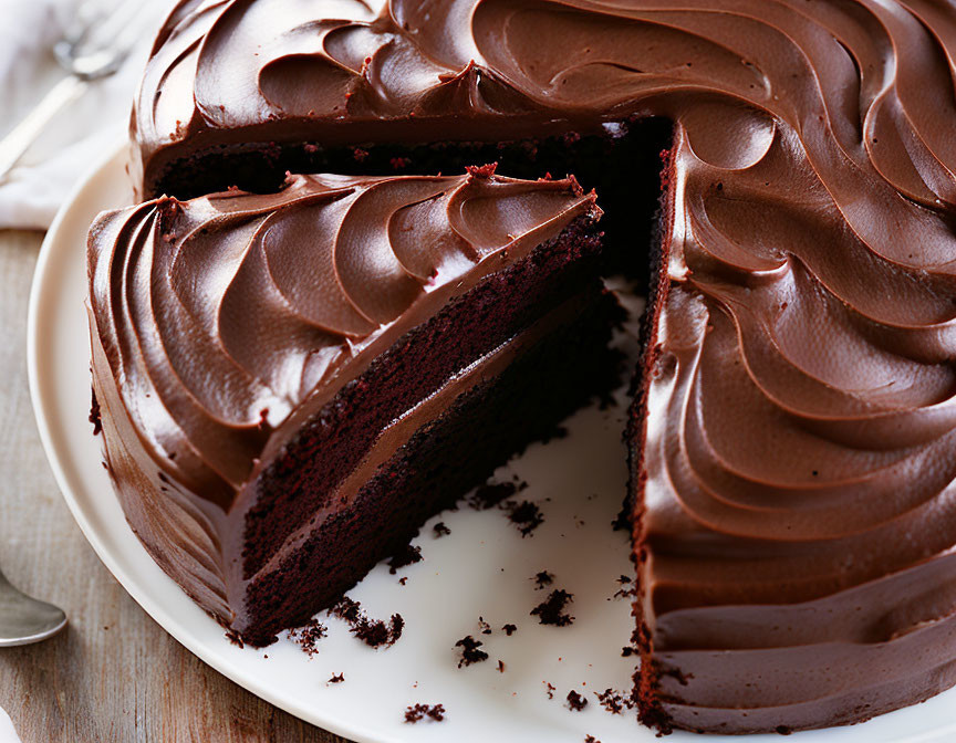 Moist Chocolate Cake with Glossy Frosting on White Plate