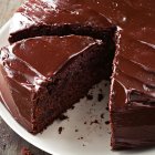 Moist Chocolate Cake with Glossy Frosting on White Plate