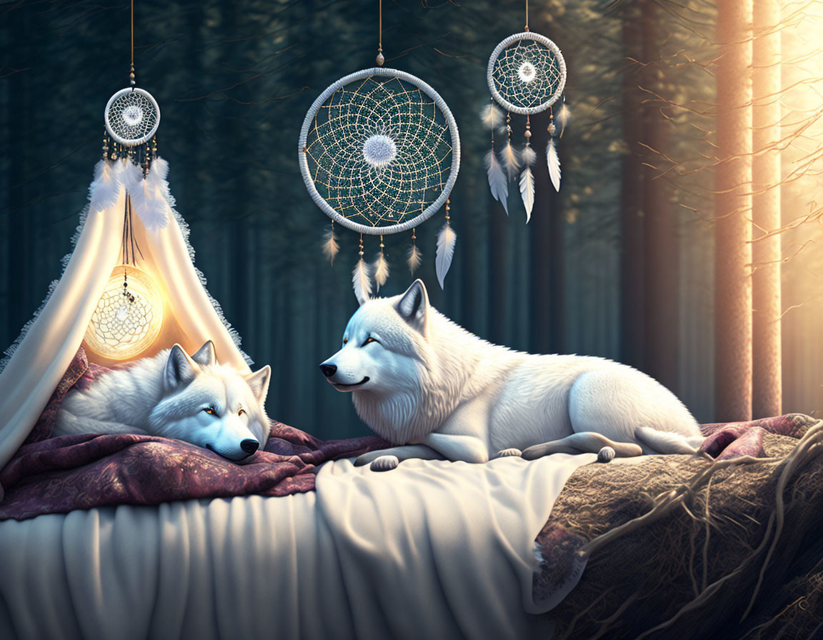 White Wolves Resting on Cozy Forest Bed with Dreamcatchers