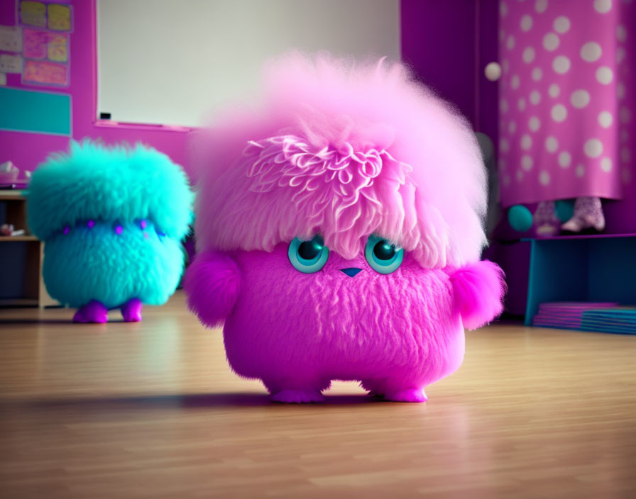 Fluffy colorful creatures with big eyes in vibrant children's room