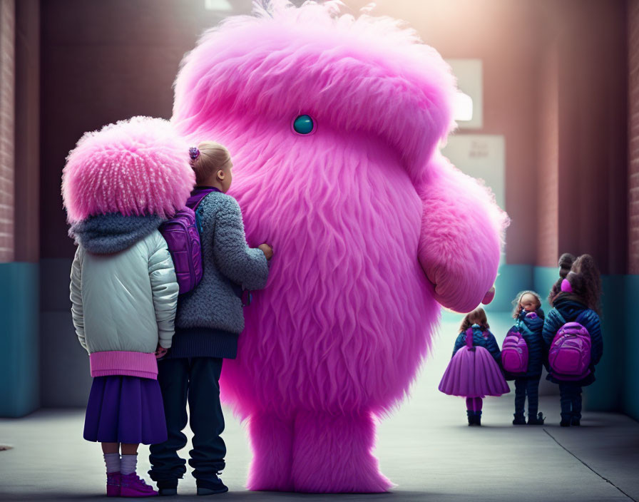 Children hugging pink furry creature in sunlit alleyway