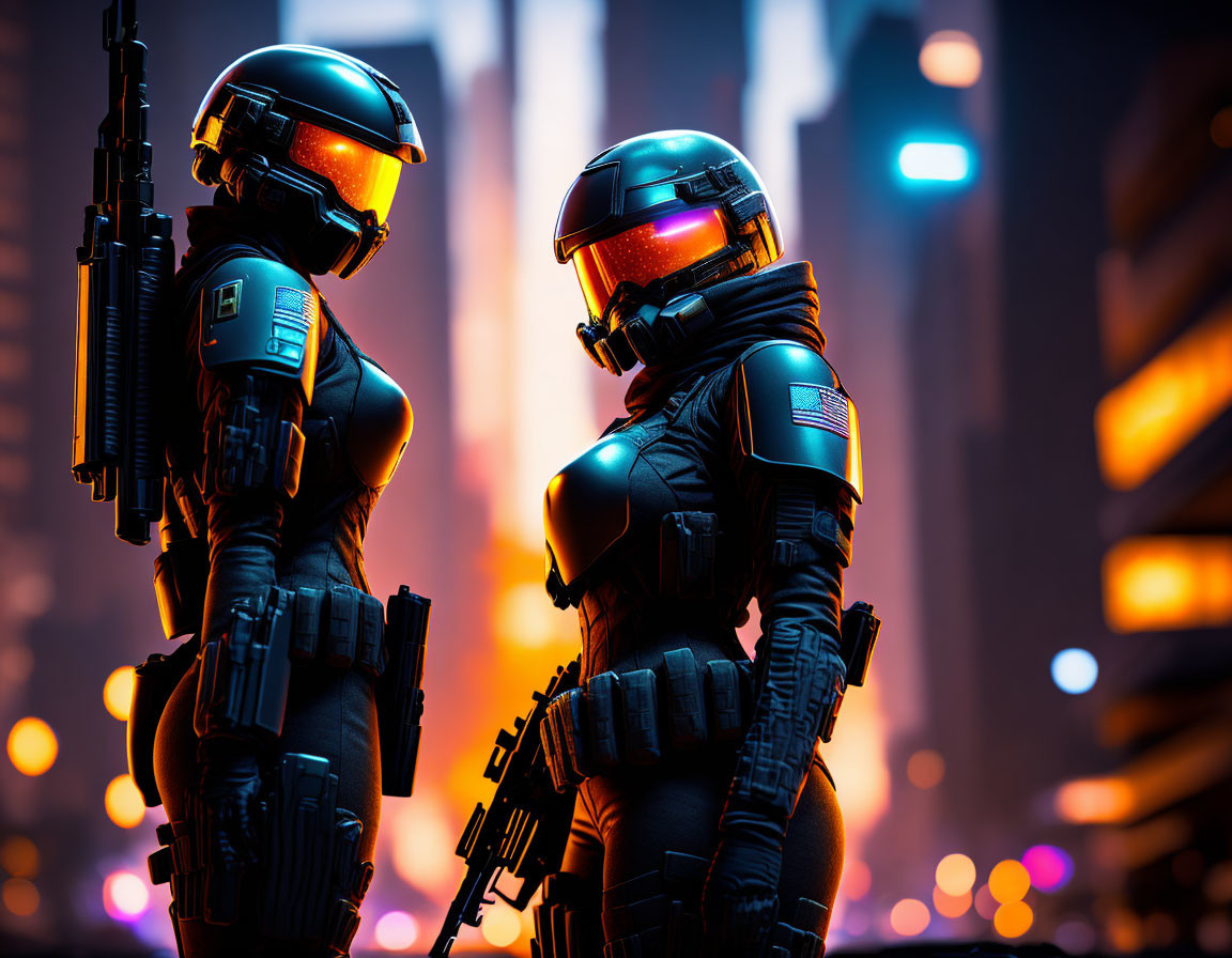 Futuristic soldiers in armored suits against neon-lit cityscape