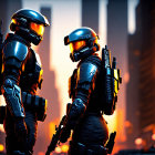 Futuristic soldiers in armored suits against neon-lit cityscape