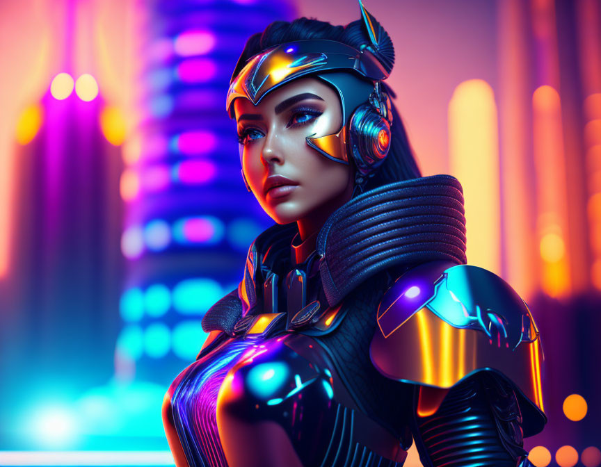 Female cyborg in sleek armor and helmet in neon-lit cityscape