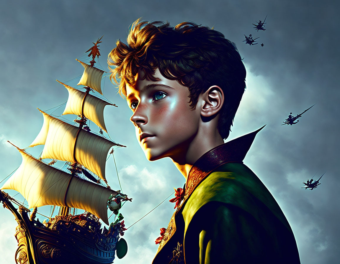 Boy with Ship and Fairies in Hair: Fantasy Digital Artwork