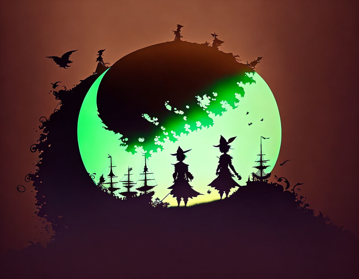 Silhouette of witch, trees, ships, and green moon with bats.