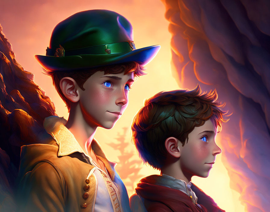 Two boys in adventure attire with green hat, gazing into the distance under warm glowing light