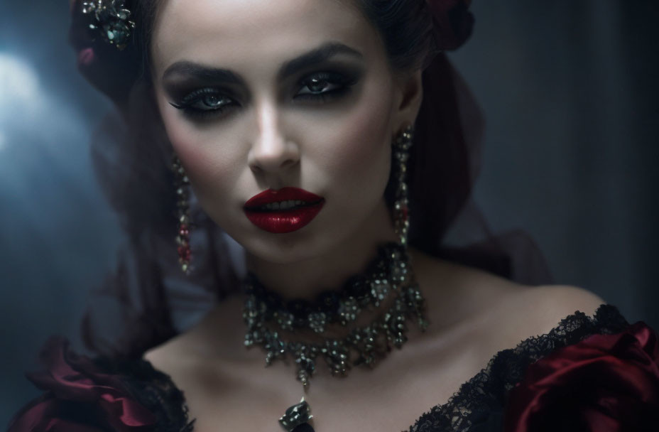 Elegant woman in smoky eye makeup and red lipstick, wearing dark gown with red accents