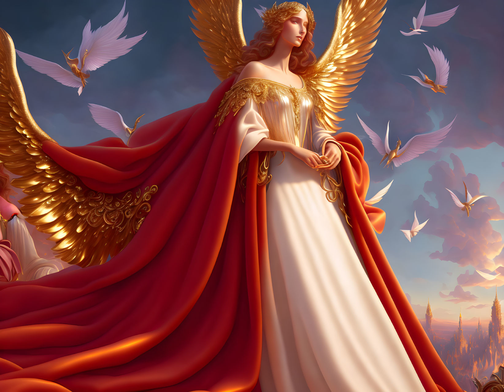 Majestic angel with golden wings and doves in twilight sky