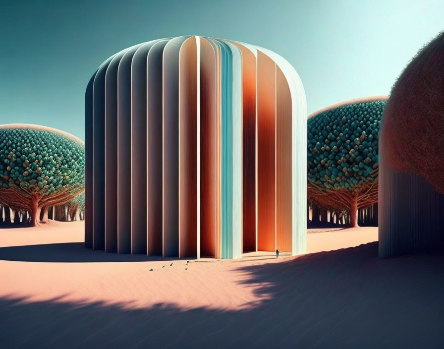 Surreal landscape with rounded doorway and stylized trees