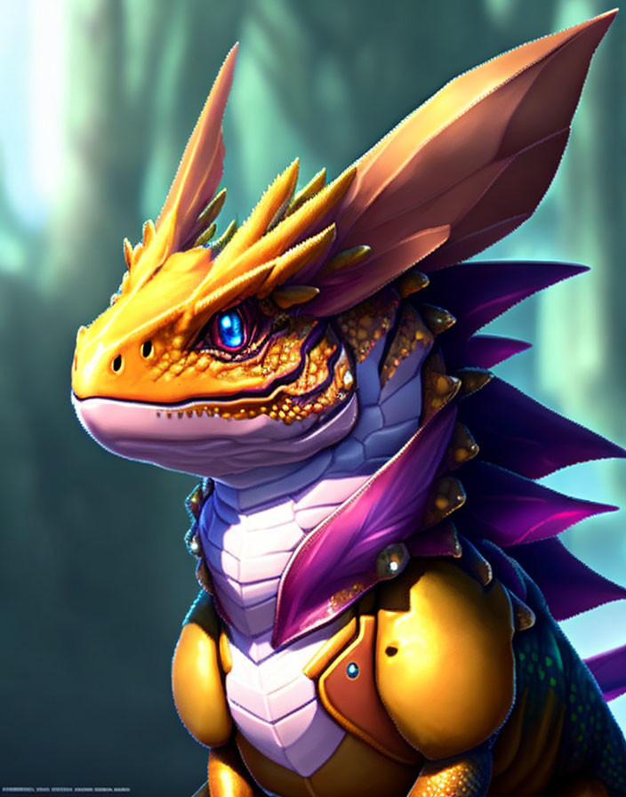 Stylized dragon in golden armor with blue eyes and purple accents in misty forest