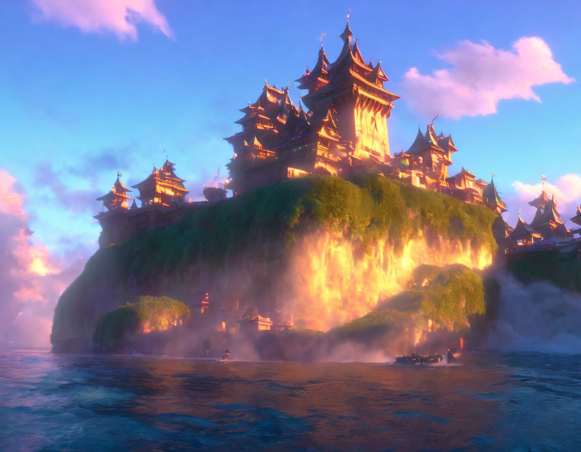 Fantastical oriental palace on lush island cliff under sunset sky