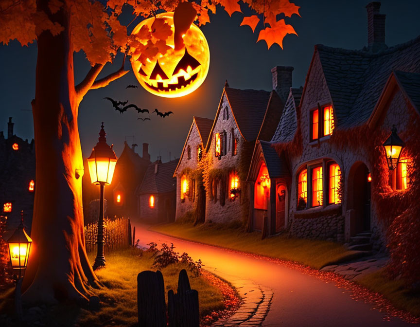 Eerie Halloween night scene with glowing pumpkin, bats, cobblestone street, and old-fashioned houses