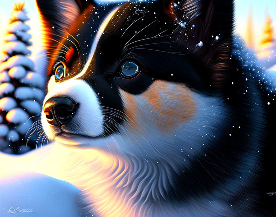 Tricolor Corgi with Blue Eyes in Snowy Pine Forest