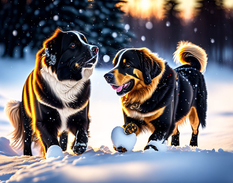 Two Bernese Mountain Dogs Playing in Snow with Snowball