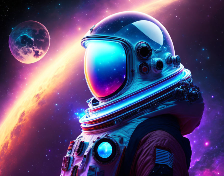 Astronaut in space suit with vivid nebula and moon