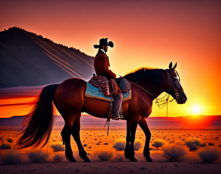 Silhouette of cowboy on horseback in desert sunset