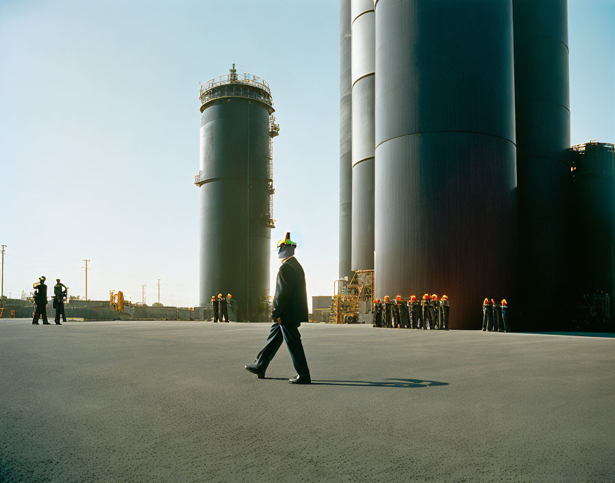 Industrial worker in hard hat walking by large towers with workers in background.