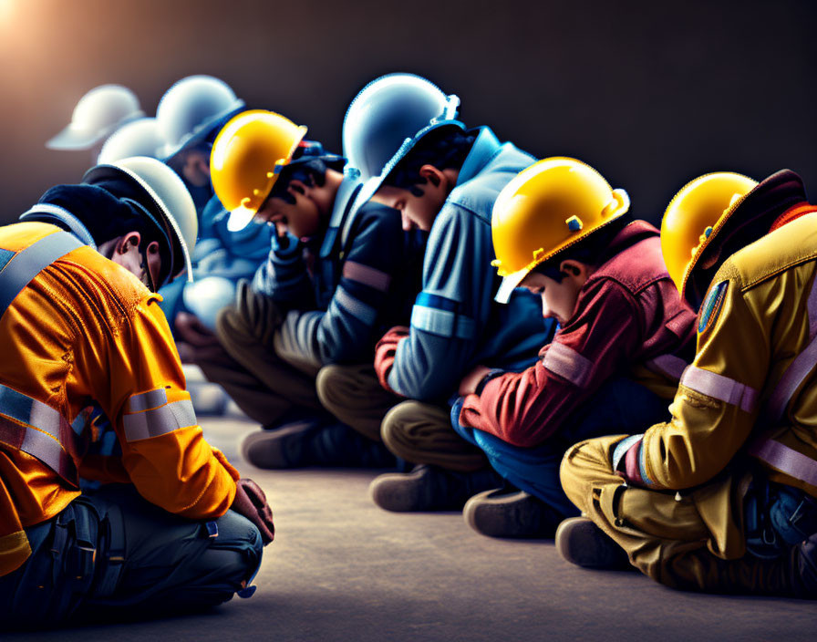 Workers in Safety Gear Kneeling in Moment of Silence