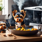 Yorkshire Terrier puppies with bandanas in kitchen beside frying pan.