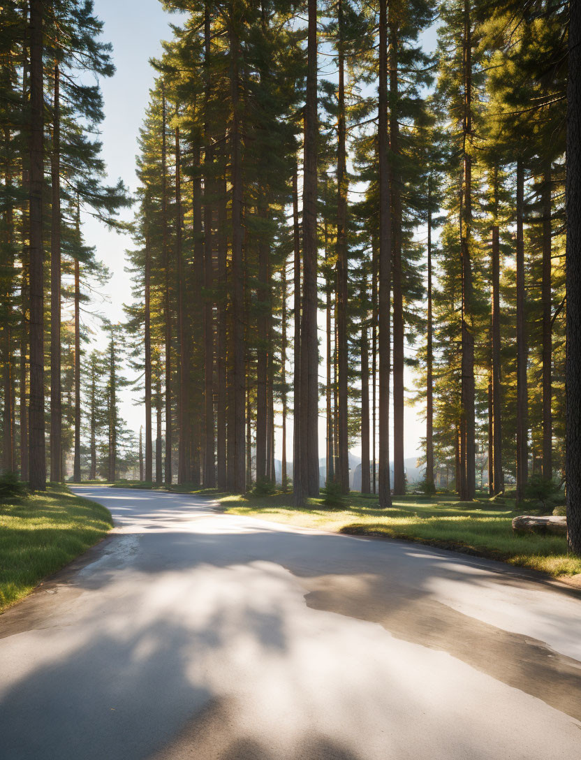 Sunlit forest: Winding road through tall pine trees