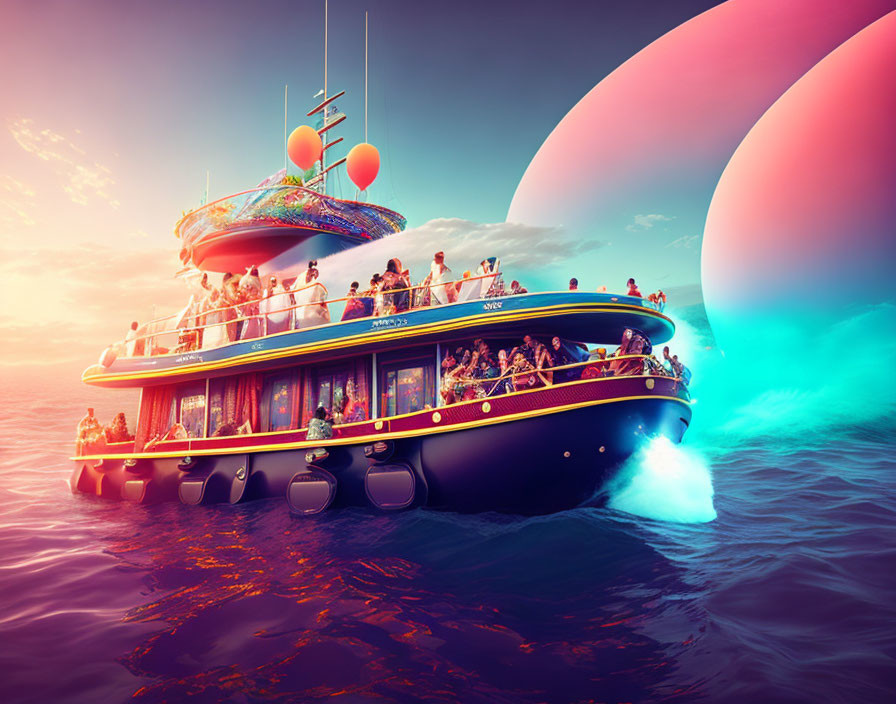 Futuristic yacht with vibrant sunset and sea scene