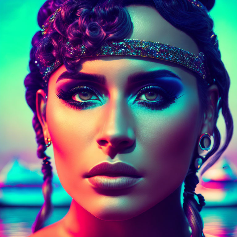 Curly-Haired Woman with Dramatic Makeup Under Neon Lights