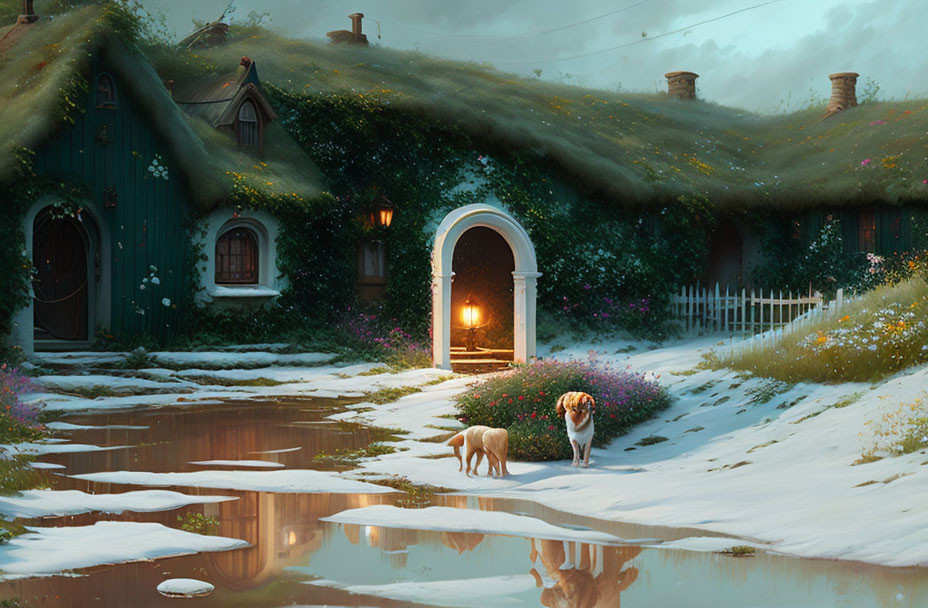 Thatched-Roof Cottage with Glowing Doorway and Snowy Path