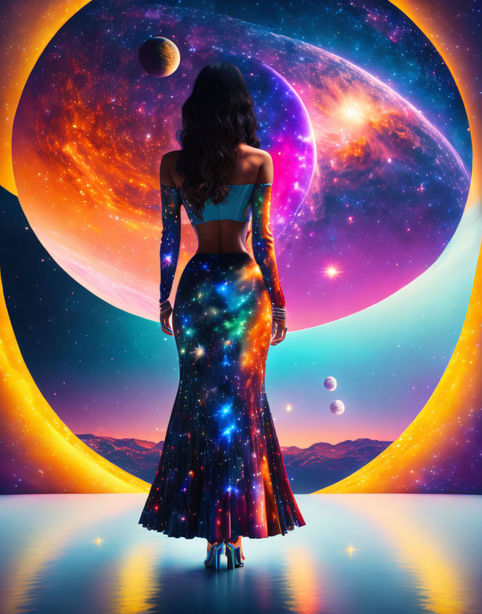 Woman in starry dress surrounded by vibrant galaxies and celestial bodies