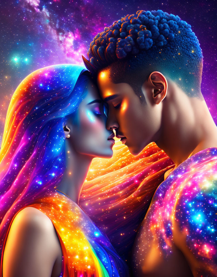 Cosmic nebula couple embrace in digital artwork