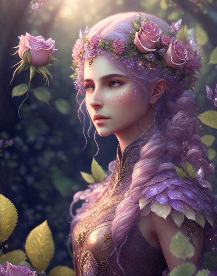 Fantasy digital artwork: Lavender-haired elf in enchanted forest