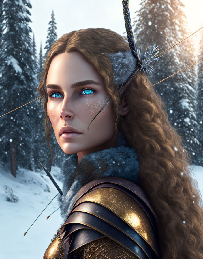 Digital illustration of woman with blue eyes, curly hair, winter attire, bow and arrow in snowy forest