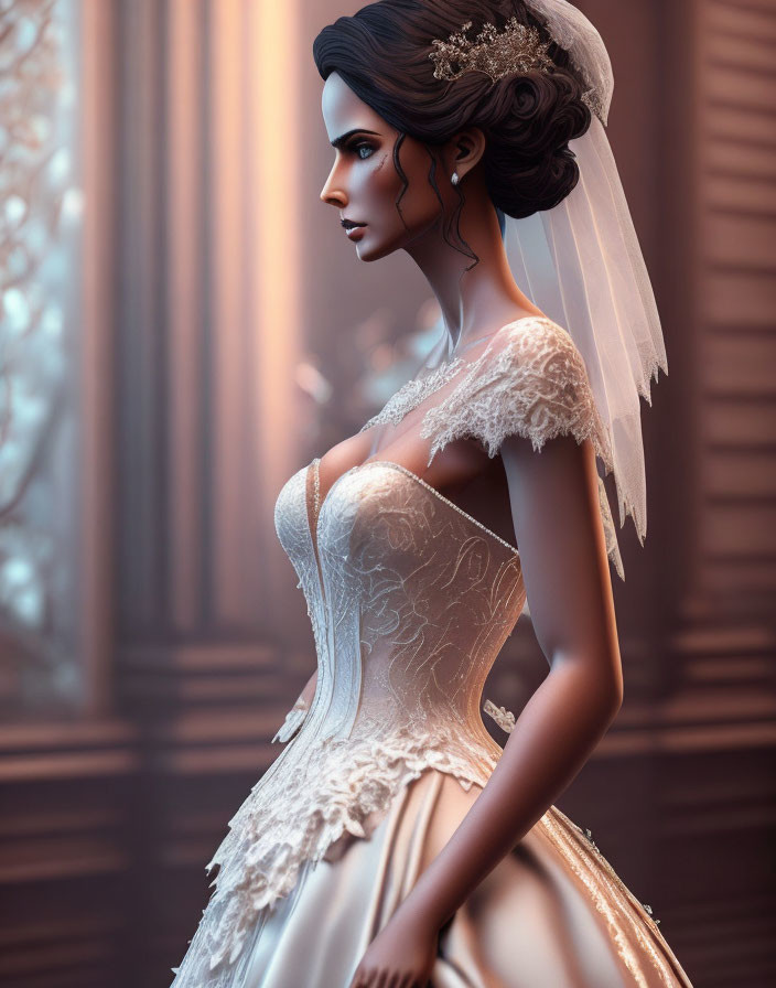 Bride in White Lace Gown and Veil with Elegant Updo