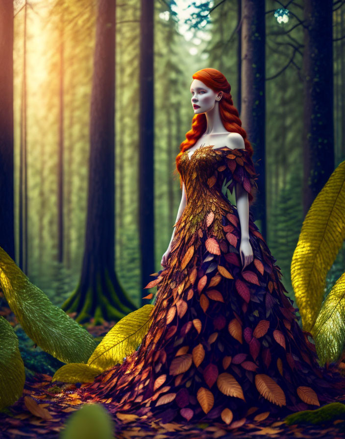 Red-haired woman in leafy dress in enchanted forest with sun rays.