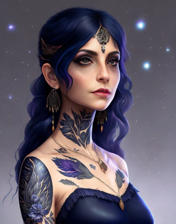 Digital portrait of woman with blue hair, ornate jewelry, tattoos on starry background