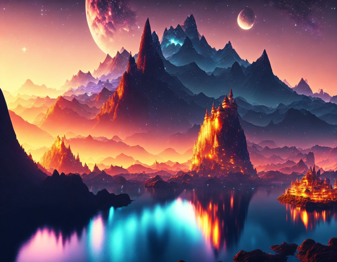 Fantasy sunset landscape with luminous castle, glowing trees, mountains, serene lake, and close planets