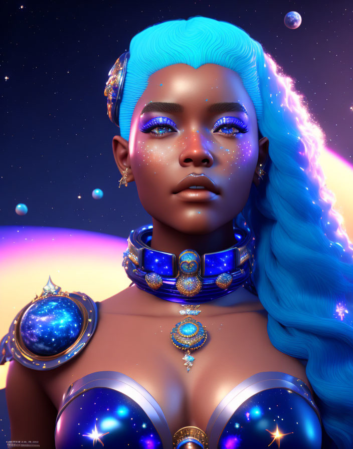 Blue-skinned woman with galaxy jewelry in cosmic portrait.