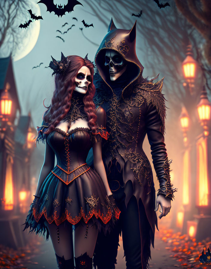 Gothic couple in skull makeup pose in moonlit Halloween scene