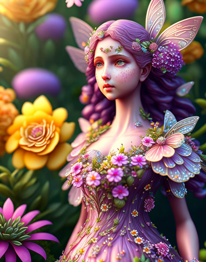 Whimsical fairy with butterfly wings in vibrant floral setting