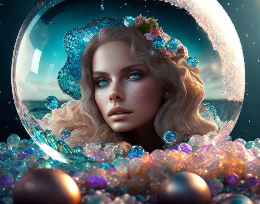 Digital artwork featuring woman with blue eyes in bubble surrounded by pearls and sea-themed hat.