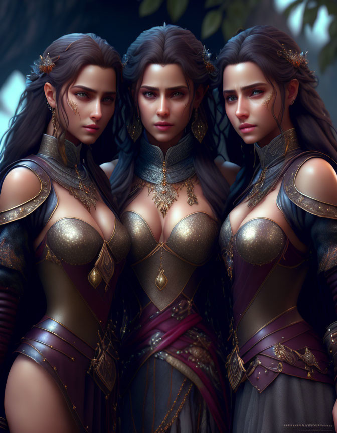 Three female warriors in golden-trimmed armor with brown hair in forest setting