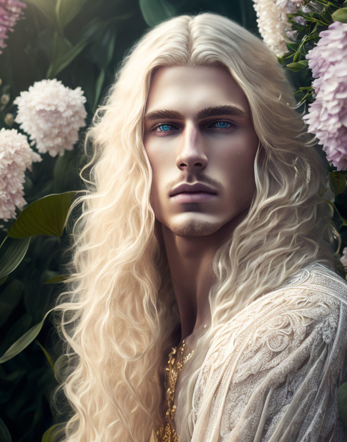 Fantasy male character portrait with blonde hair, blue eyes, white outfit, surrounded by greenery and