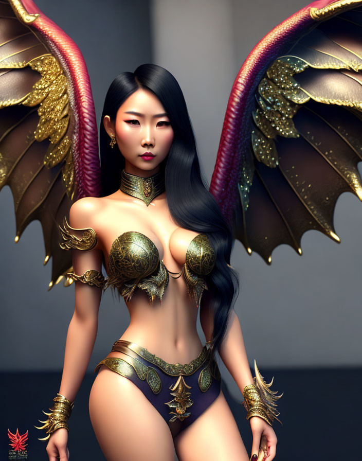 Fantasy 3D render: Asian woman in golden armor with ornate wings