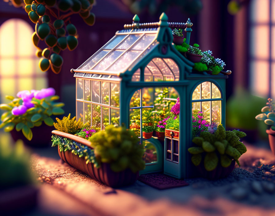 Miniature Greenhouse with Lush Plants and Glowing Glass Panes