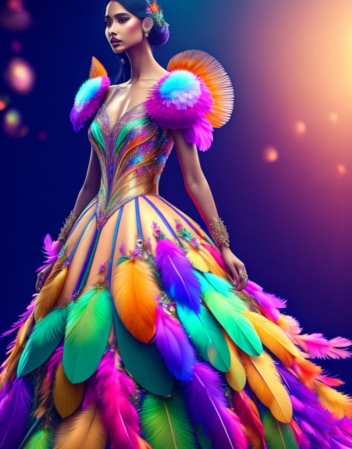 Colorful Woman in Peacock-Inspired Dress on Twilight Background