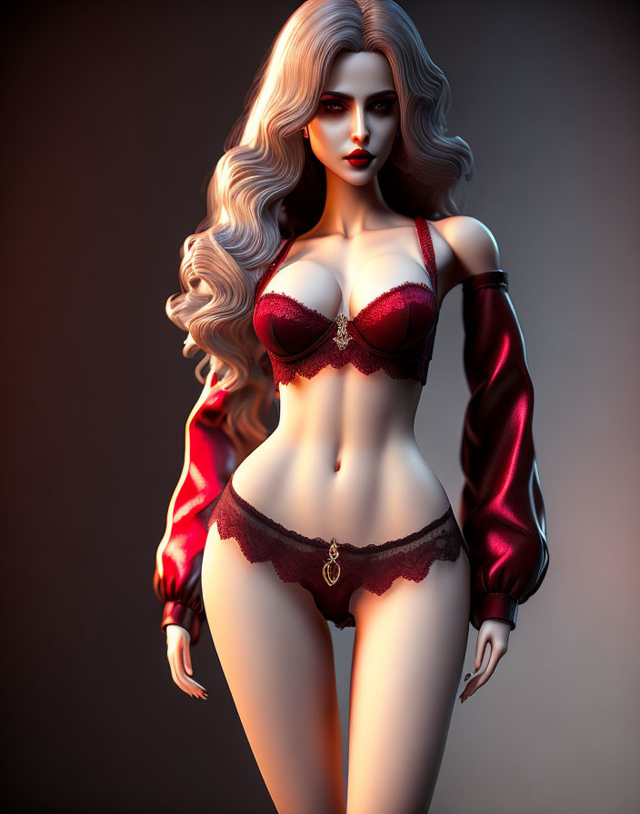 Blonde woman in red lingerie and jacket on dark background